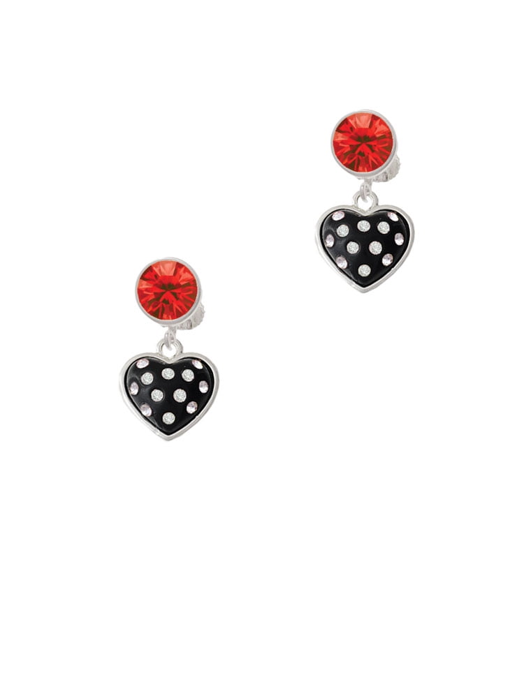 Delight Jewelry Silvertone Black Resin Heart with Clear Crystals in Frame Red Crystal Clip on Earrings