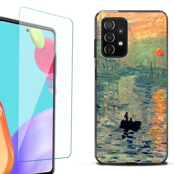 Slim-Fit Flexible TPU Gel Phone Case (black) for Samsung Galaxy A52 5G, with Tempered Glass Screen Protector, by OneToughShield ® - Sunrise Impression