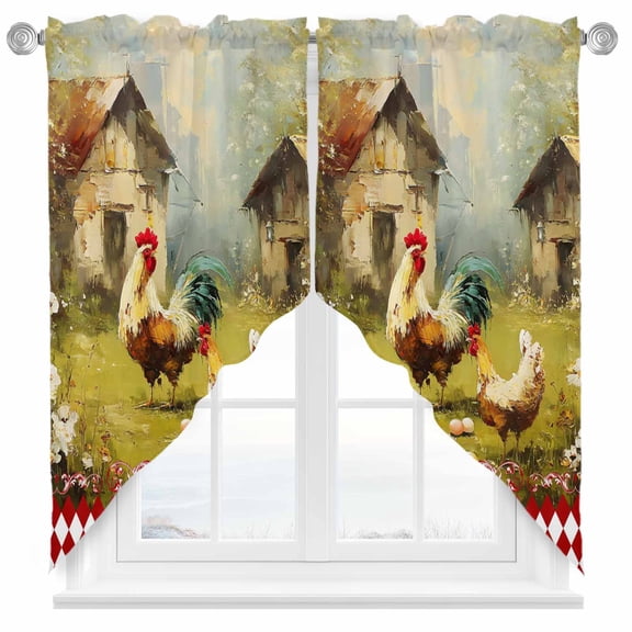 Farm Rooster Hen Swag Curtain Valance for Windows, Farmhouse Flower Vintage Oil Painting Window Treatments Short Swag Topper for Kitchen Windows Bathroom Bedroom, 36"x63"