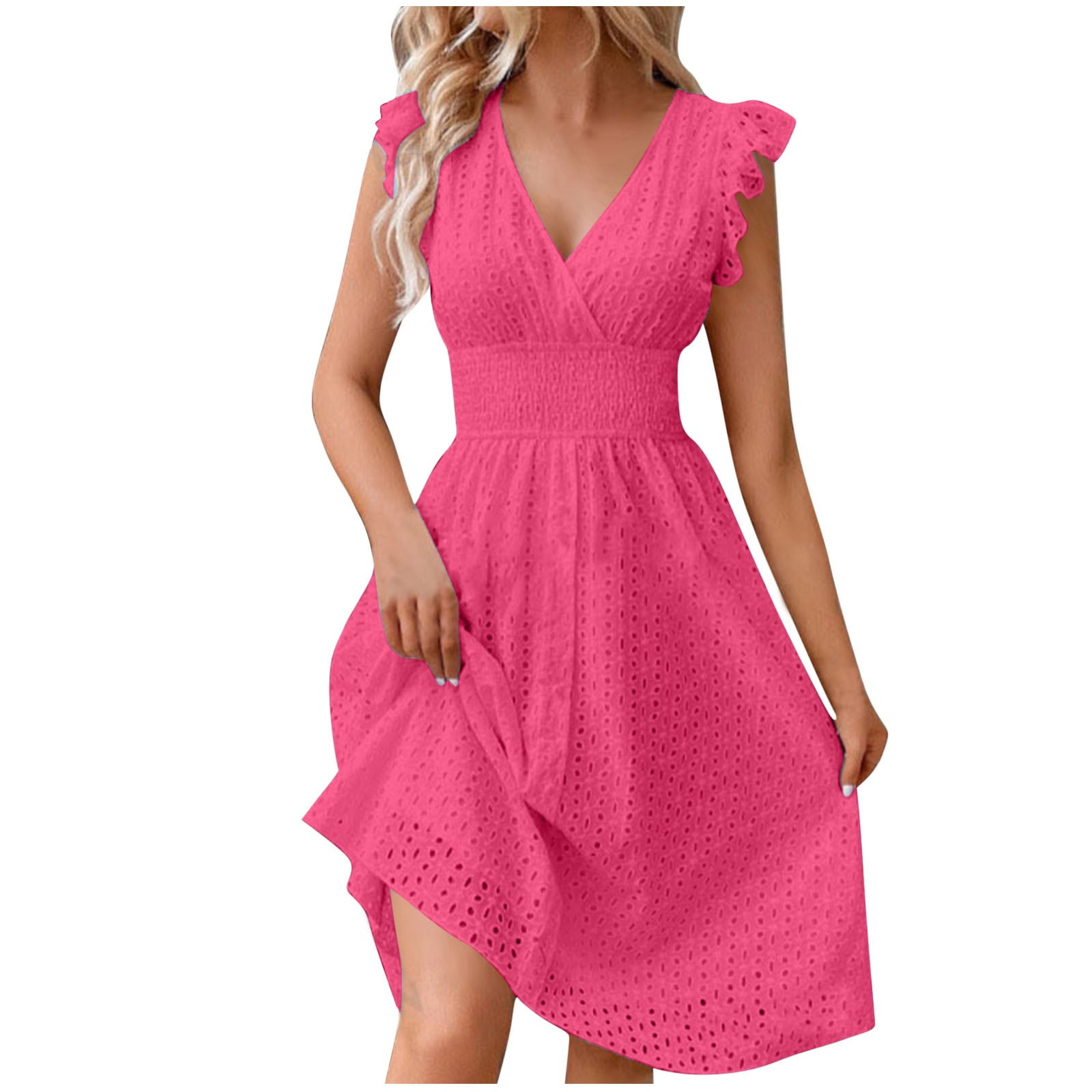 Robe Femme Été Chic Col V Volants Plissée Mini Robe Swing A-Line Décontractée Plage Vacances