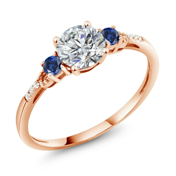 Gem Stone King 10K Rose Gold Lab Grown Diamond and Blue Created Sapphire Engagement Ring for Women | 0.87 Cttw | Round 6XMM | Gemstone April Birthstone | Size 9