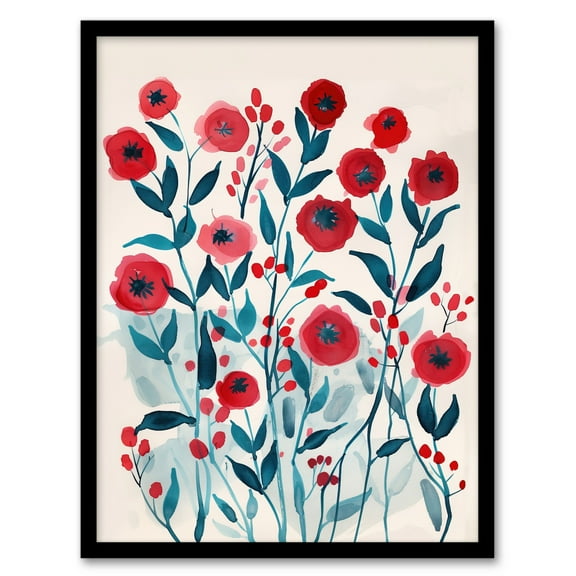 Artery8 Poppy Flowers Red Teal Bright Floral Watercolour Living Room Art Print Framed Poster Wall Decor 12x16 inch