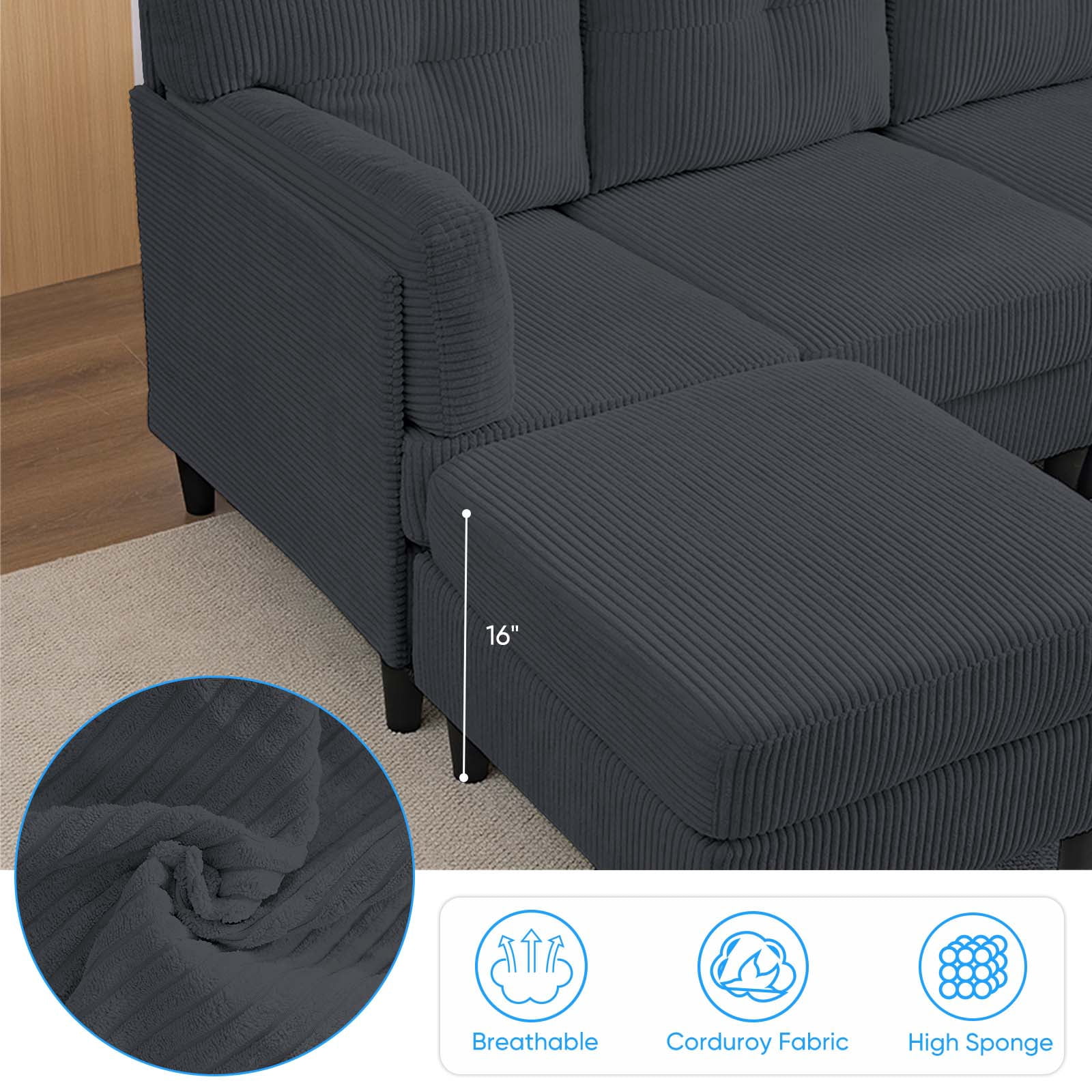 ijuicy Convertible U/L Shaped Sofa with Chaises, 6 Seater Couch for Living Room, Dark Gray