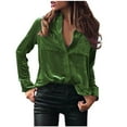 thumbnail image 2 of AXXD Womens Tops Green Basic Summer 2024 Ladies Deep V Neck Solid Button Collar Loose Tops Casual T-Shirts Long Sleeve Blouse, 2 of 6