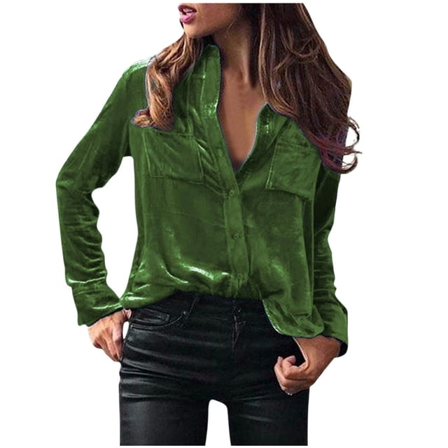 FAIWAD Womens Velvet Vintage Shirts Long Sleeve Button Down Blouses with Pockets Plus Size Velour Tops