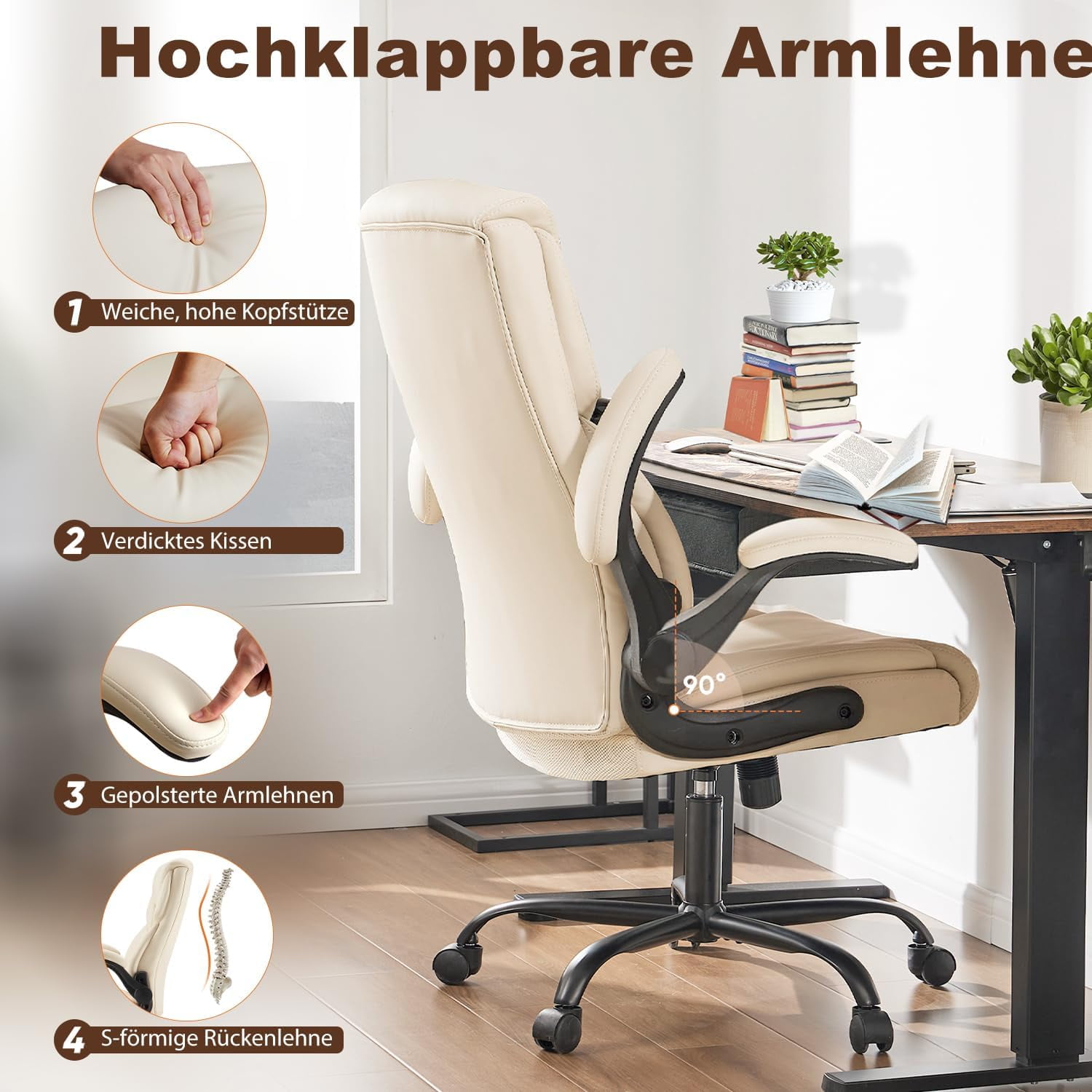 Ergonomic Office Chair, High Back Executive Desk Chair with Lumbar Support, Adjustable PU Leather Computer Chair with Flip-up Arms, Swivel Rolling Wheels Chair for Home and Office Use