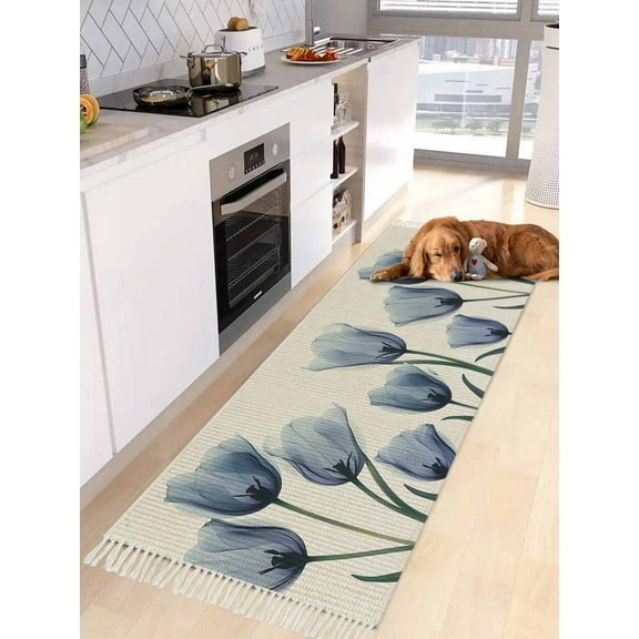 Spring Floral Entryway Runner Rug 2x4ft,Blue Tulip Summer Botanical Rustic Washable Woven Living Room Hallway Bedroom Kitchen Carpet with Tassels,Indoor Outdoor Throw Door Mat for Entryway