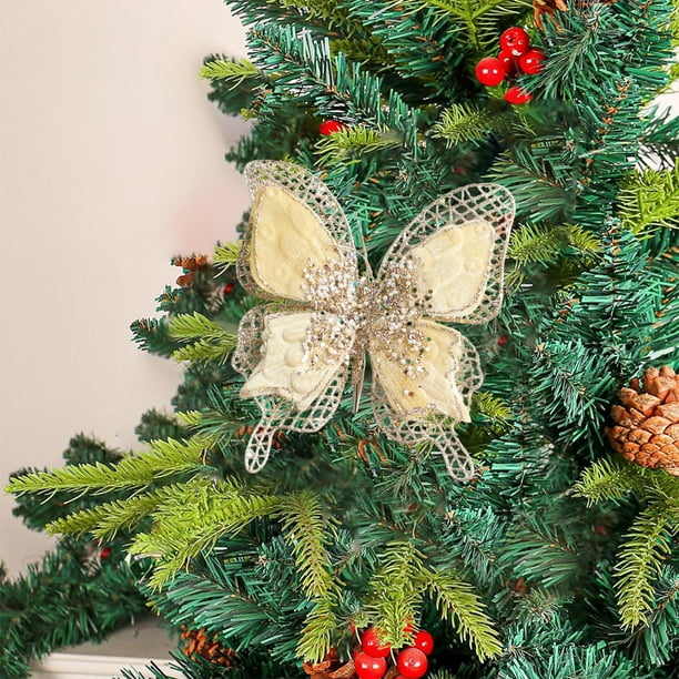 Mariposas Navideñas Artificiales para Decorar El Árbol de Navidad con Clip y Purpurina | Plástico Amarillo | 1 Unidad | 21 X 18 X 2 Cm | Ideal para Navidad, Bodas, Cumpleaños y Guirnaldas.