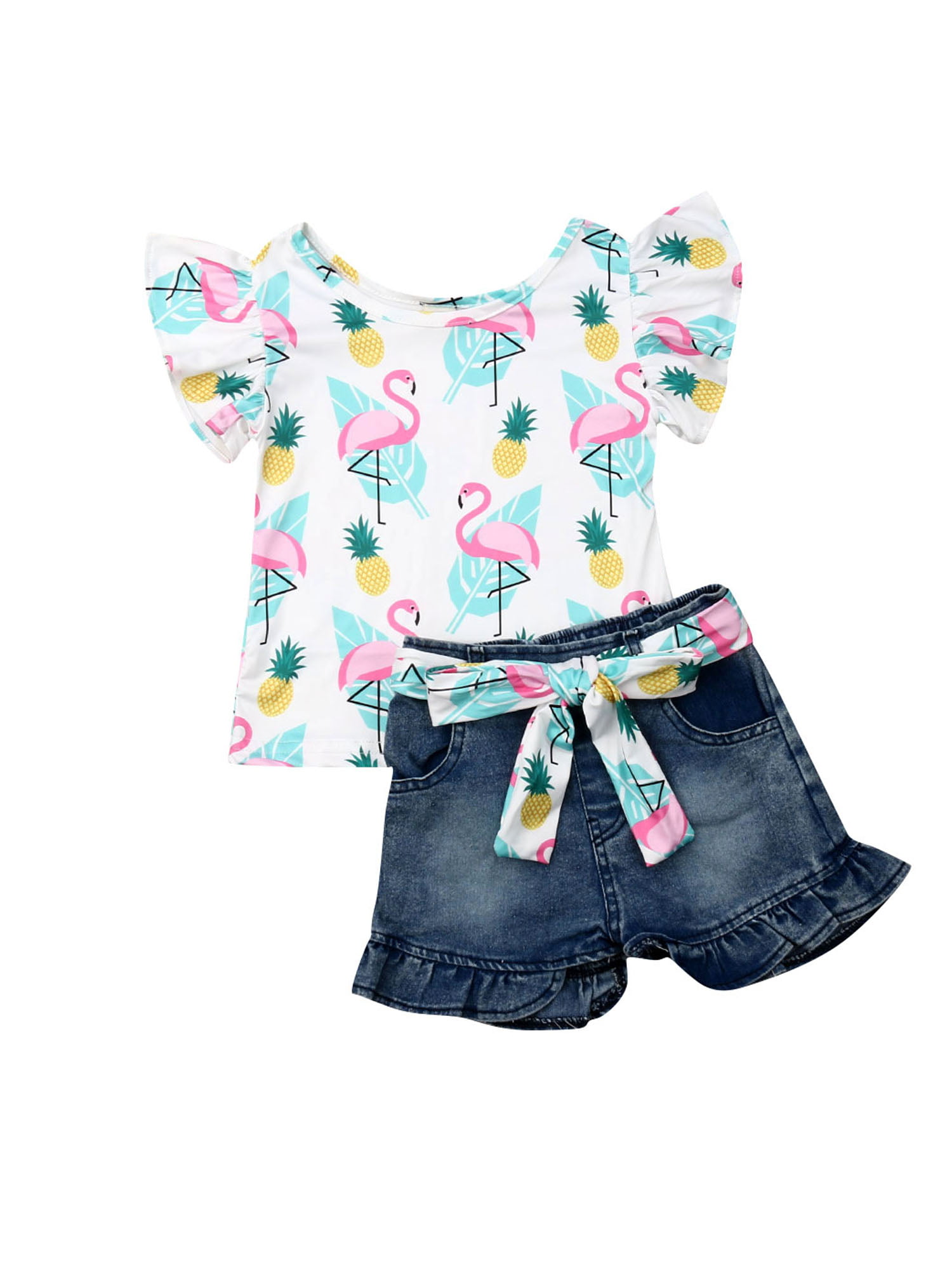 Lovely Kids Baby Girls Flamingo Tops T-shirt Denim Pants Shorts Outfits  Clothes