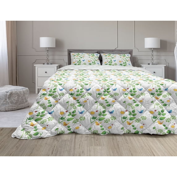 Ladybugs Comforter & Sham Bedding Set, Macro Chamomiles and Ladybugs Illustration Playful Magic Spirits of the Nature, 3 pcs Duvet Set Microfiber Filling Quilt, 5 Sizes, White Green, by Ambesonne