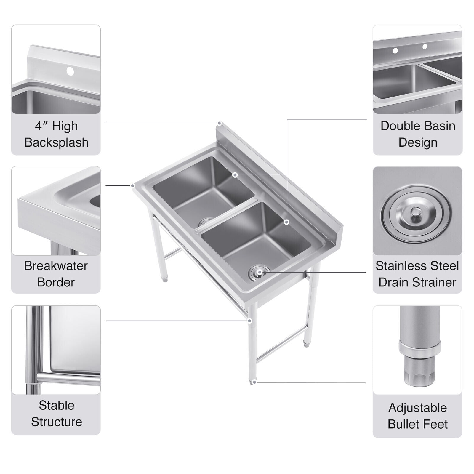 Commercial Restaurant Utility Kitchen Sink 2 Large Compartment Stainless Steel
