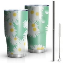 30oz Green Daisy Flower Yellow Centers Pattern Tumblers Stainless Steel Tumbler with Lid and Straw,Vacuum Insulated Double Wall Travel Tumbler Cups Mug with Cleaning Brush for Coffee,Tea