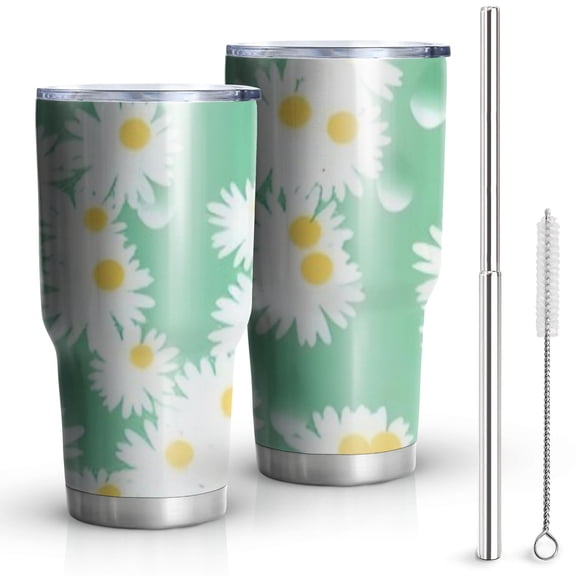 30oz Green Daisy Flower Yellow Centers Pattern Tumblers Stainless Steel Tumbler with Lid and Straw,Vacuum Insulated Double Wall Travel Tumbler Cups Mug with Cleaning Brush for Coffee,Tea