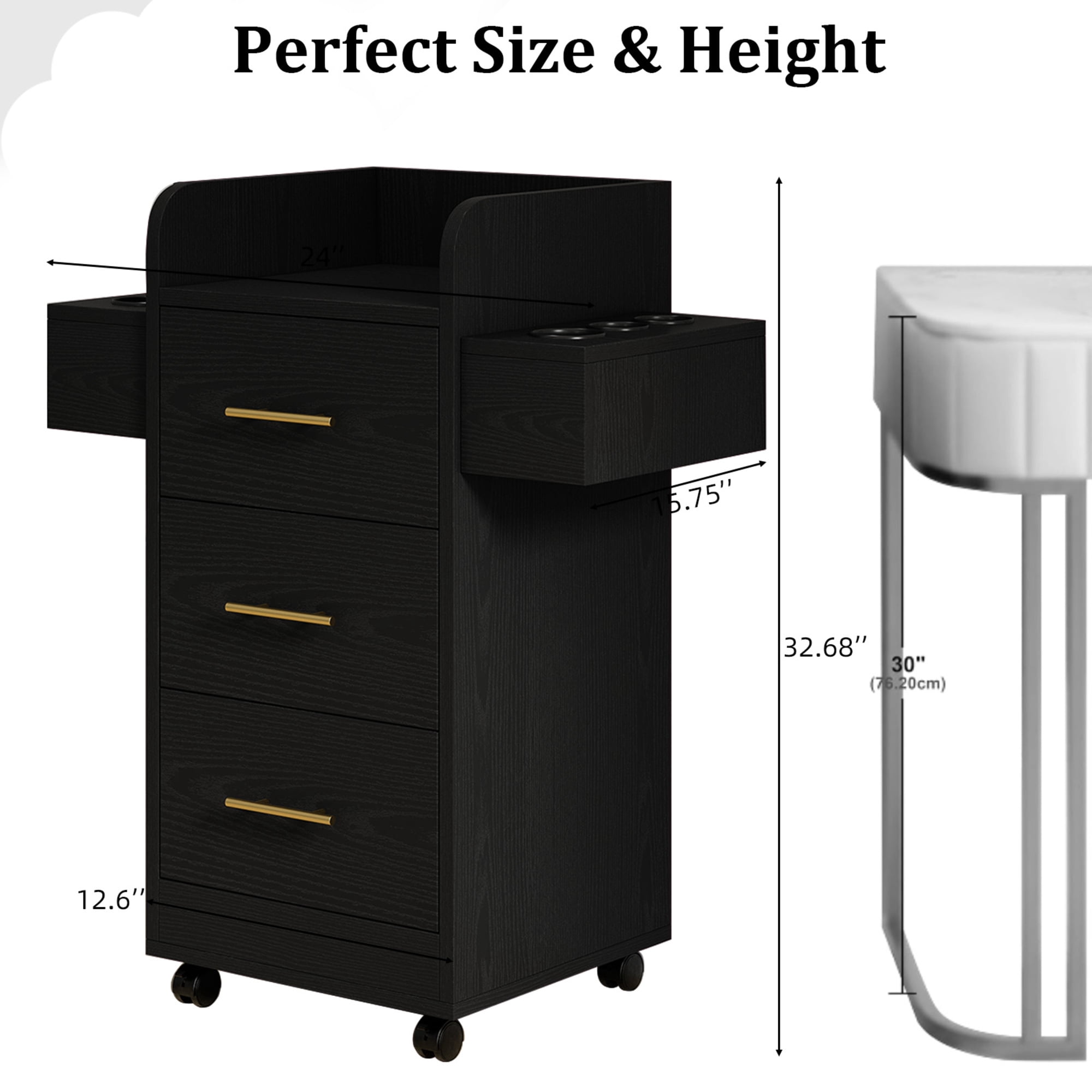 4 EVER WINNER Black & Gold Barber Cabinet with Gold Handles, Rolling Salon Storage Cart for Hair Stylists, 3 Drawers & 6 Hair Dryer Holders, Durable Engineered Wood Mobile Station for Salon Spa Home