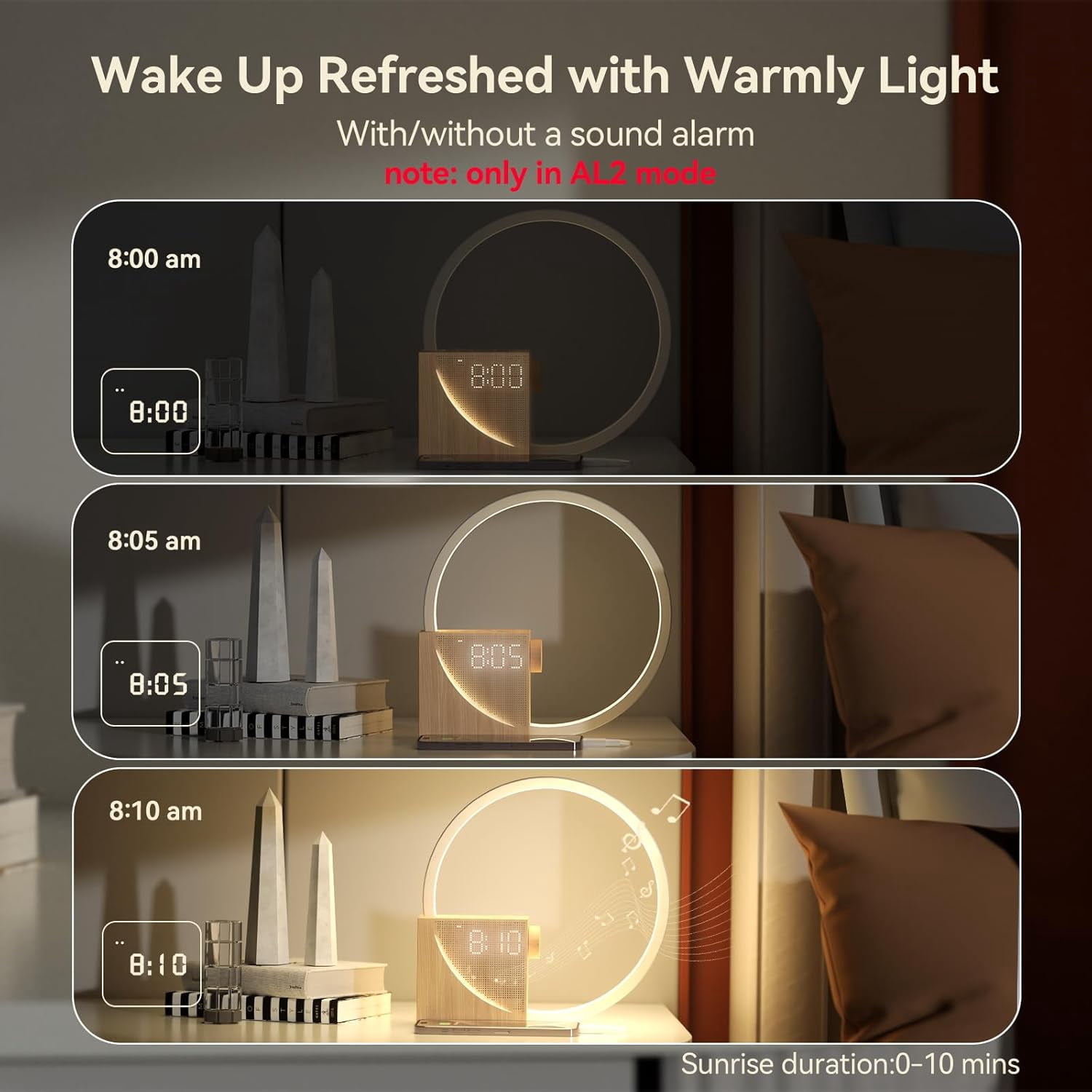Sunrise Alarm Clock with Gradual Wake-up Light, 10 White Noise Sounds, Touch Dimmable Light & Dual Alarms with Snooze for Heavy Sleepers, Wood Grain