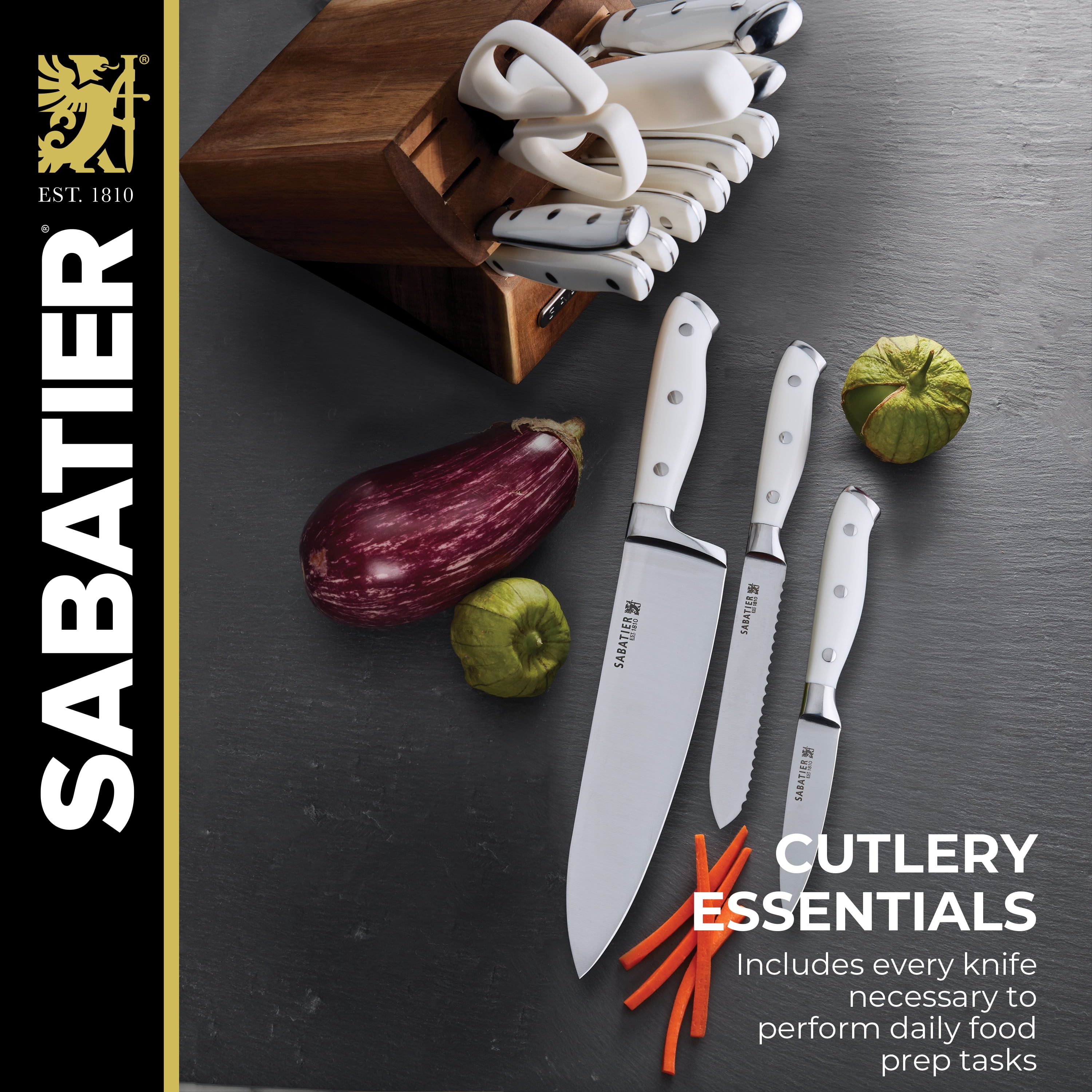 Sabatier 15 Piece Forged Knife Block Set with Acacia Wood Block, White Handles