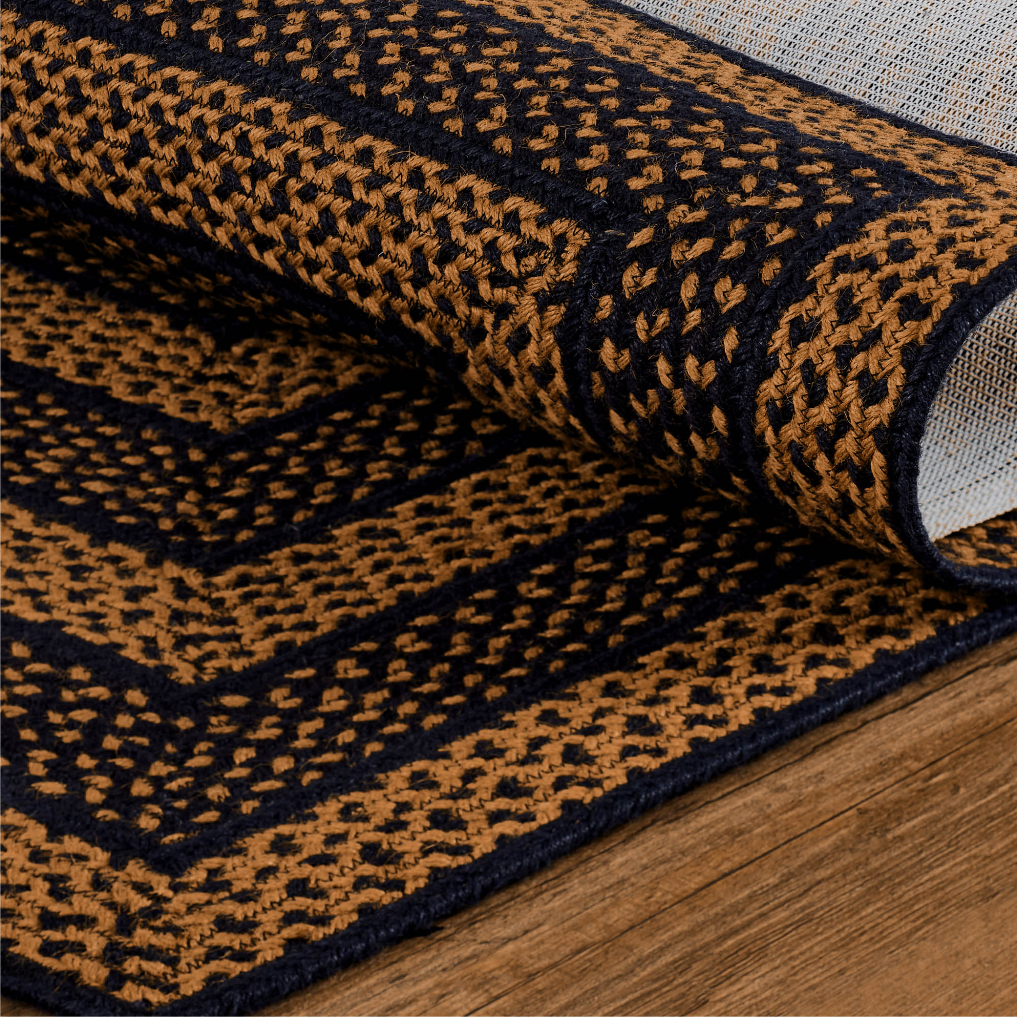 VHC Brands Black & Tan Braided Jute Runner Rug, Non-Skid Pad, Rectangle, Black, 24x96