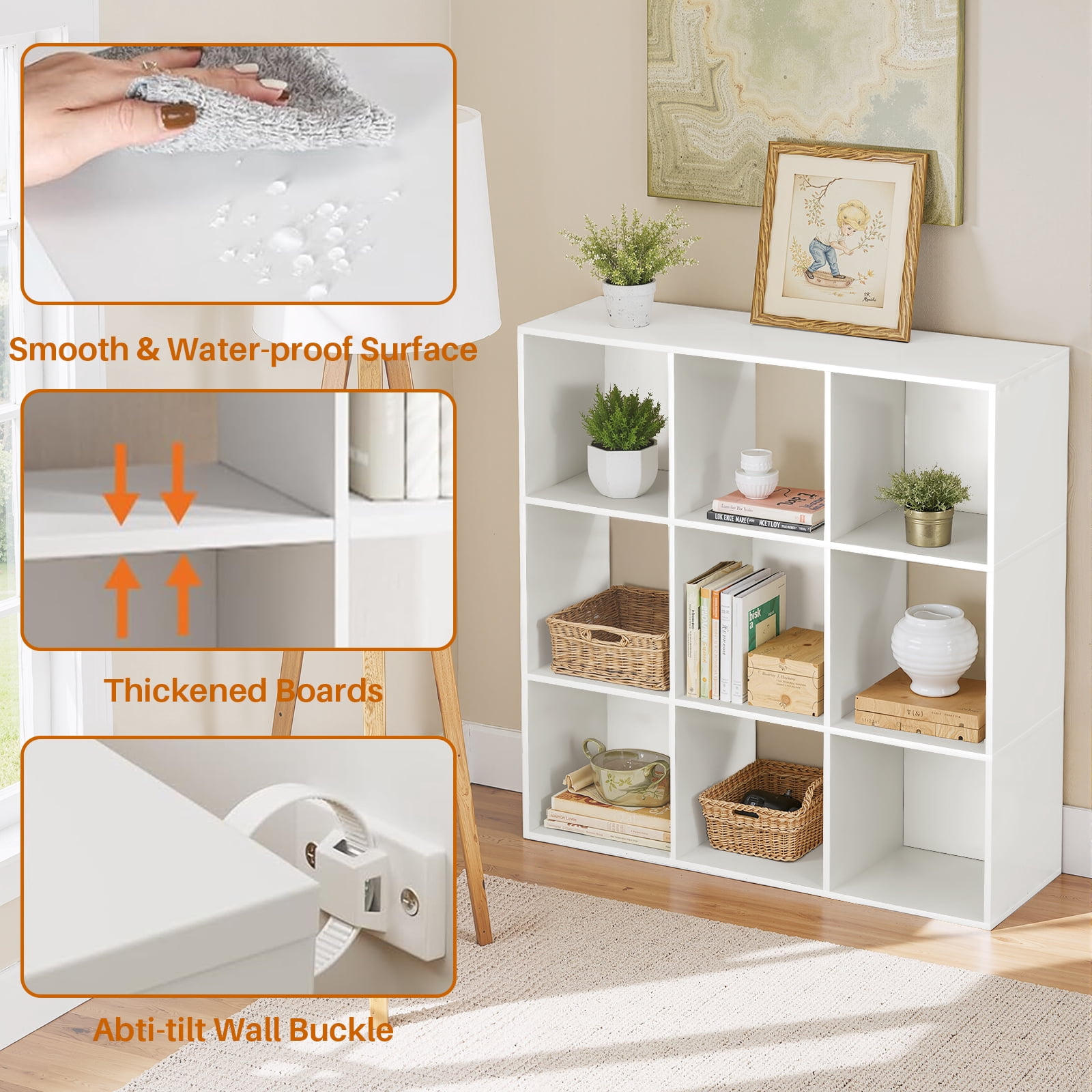 Simenmax 9 Cube Storage Organizer, Bookshelf with 5 Removable Back Panels for Living Room, Bedroom, Home Office, White