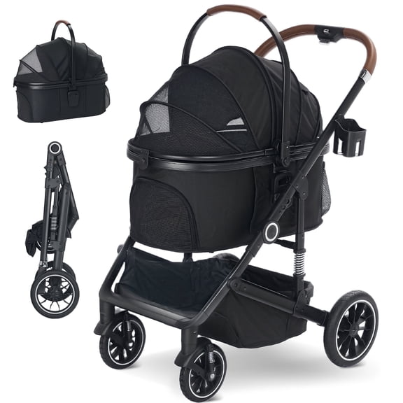 LINLUX Pet Stroller w/ 4 Wheels, Foldable Puppy Strollers for Dogs Cats, Iron Pet Carrier 50 lbs, Black