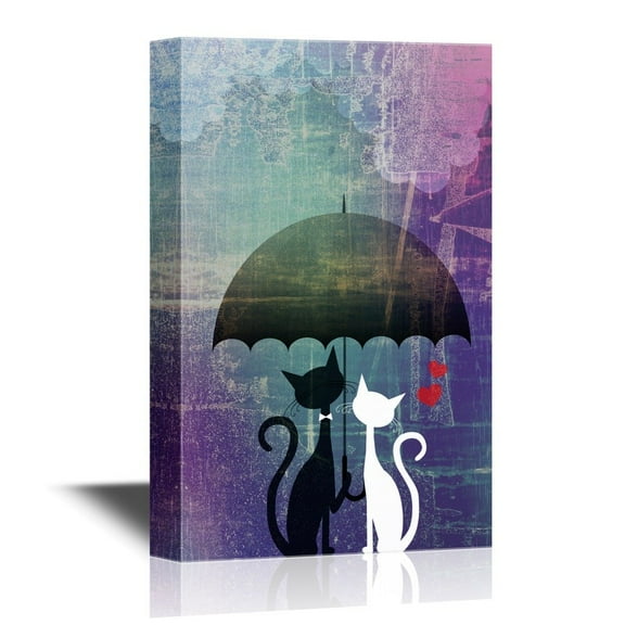 wall26 Romantic Canvas Wall Art - Black and White Cats Under an Umbrella with Red Hearts - Gallery Wrap Modern Home Art | Ready to Hang - 16x24 inches