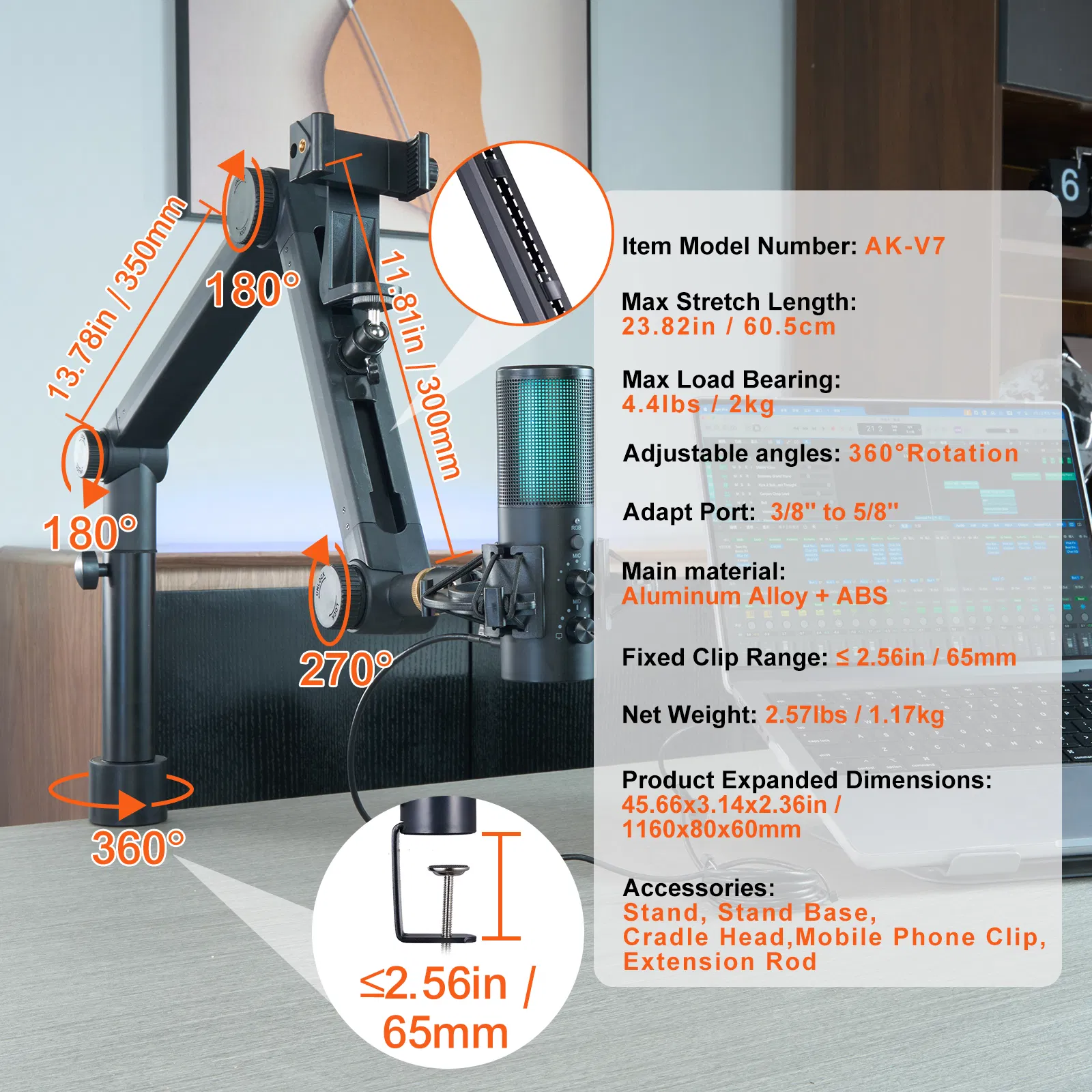 Adjustable Desk-Mounted Microphone Arm with 360° Rotation,Universal Adapter,and Headphone Holder for Blue Yeti,HyperX Quadcast,and More