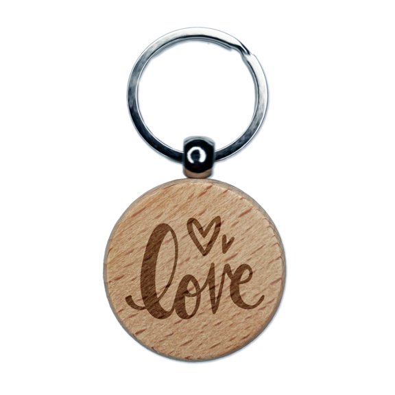 Handwritten Love Script with Hearts Round Keychain Charm Tag - Engraved Wood