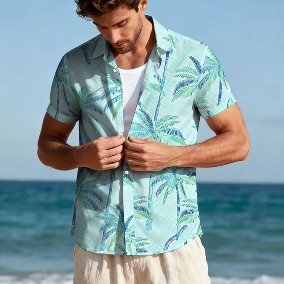 Jessboyy Men's Summer Hawaiian Tropical Shirts Trendy Palm Tree Printed Short Sleeve Button Down Shirt Beach Wedding Party Clothes Vacation Tops Light Blue M
