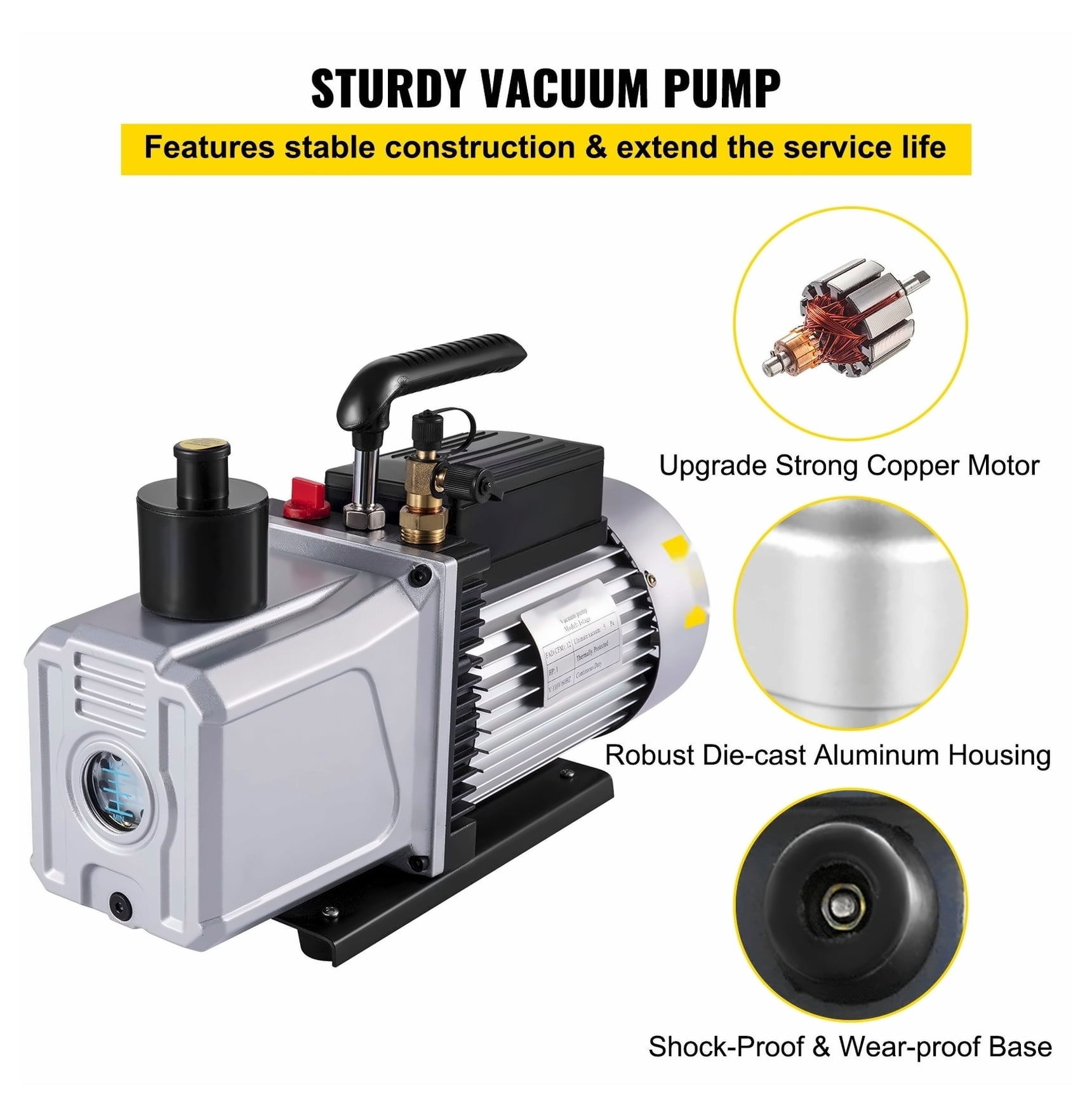 Vacuum Pump 12CFM 1 HP Single Stage Air Conditioning Vacuum Pump 110V 5PA Ultimate Vacuum Refrigerant HVAC Air Tool Rotary Vane Vacuum Pump for Automobile Vacuum Evacuation (1-Stage, 12CFM)