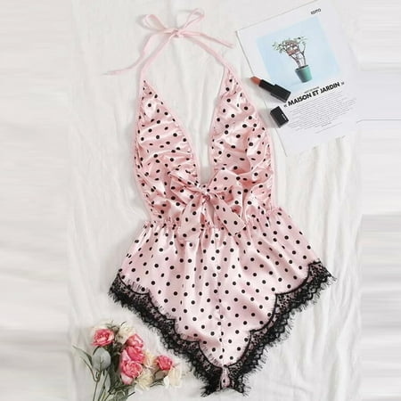 JUPAOPON Underwear for Womens Cotton Underwear For Women Women Sexy Lace Pink Spotted Eyelash Lace Sexy One-Piece Bodysuit