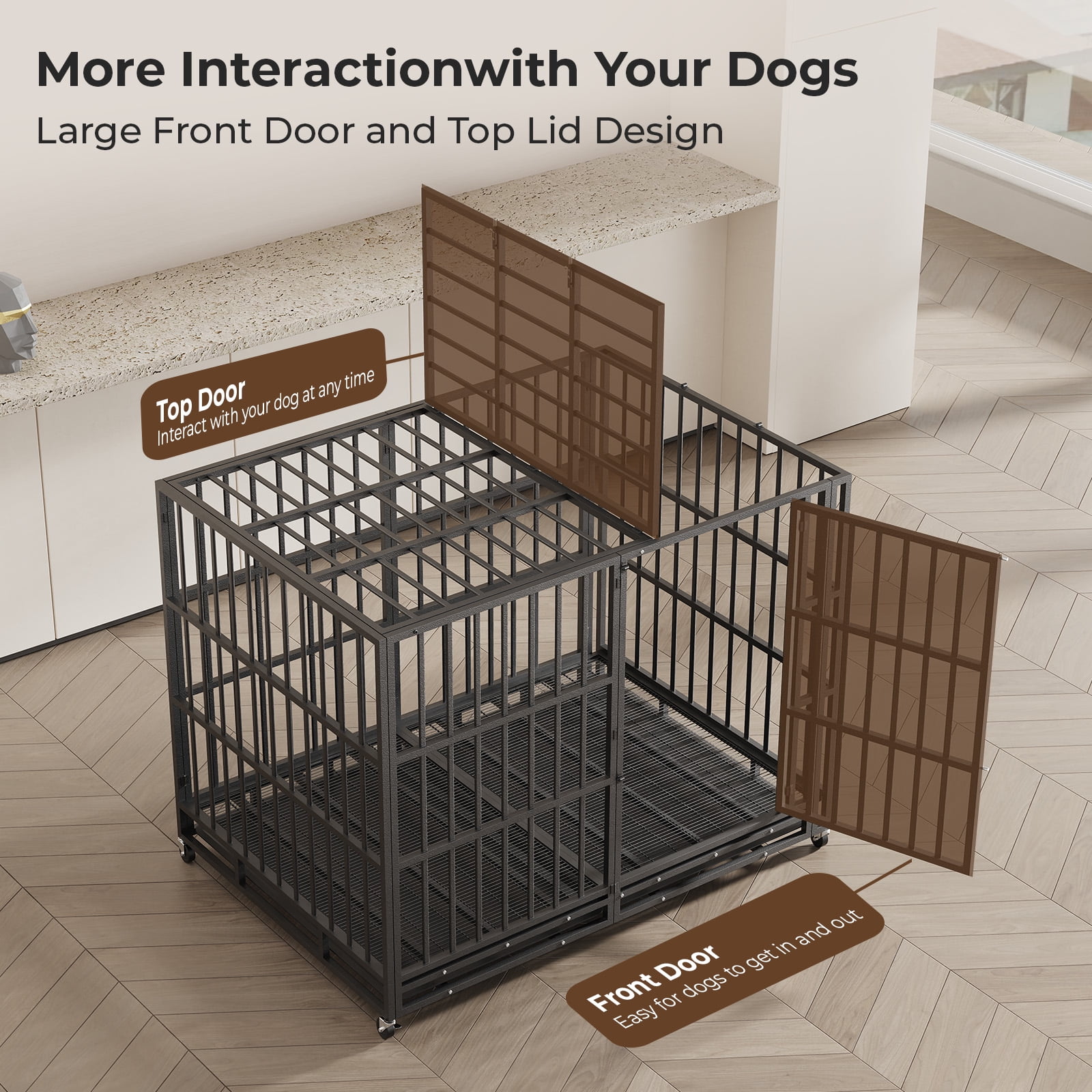 TIME RAY 60" Heavy Duty Indestructible High Anxiety Dog Crate Cage for Large Dog with Steel Escape Proof,Double Doors ,Lockable Wheels and Removable Tray