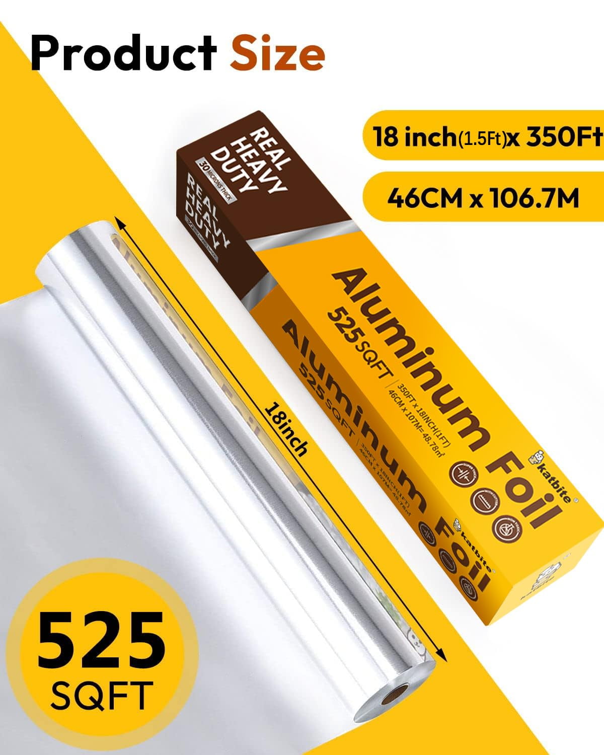 Katbite Aluminum Foil Roll, 18 in x 350 ft (525 sq ft), Heavy Duty, 30 microns, Food Wrap