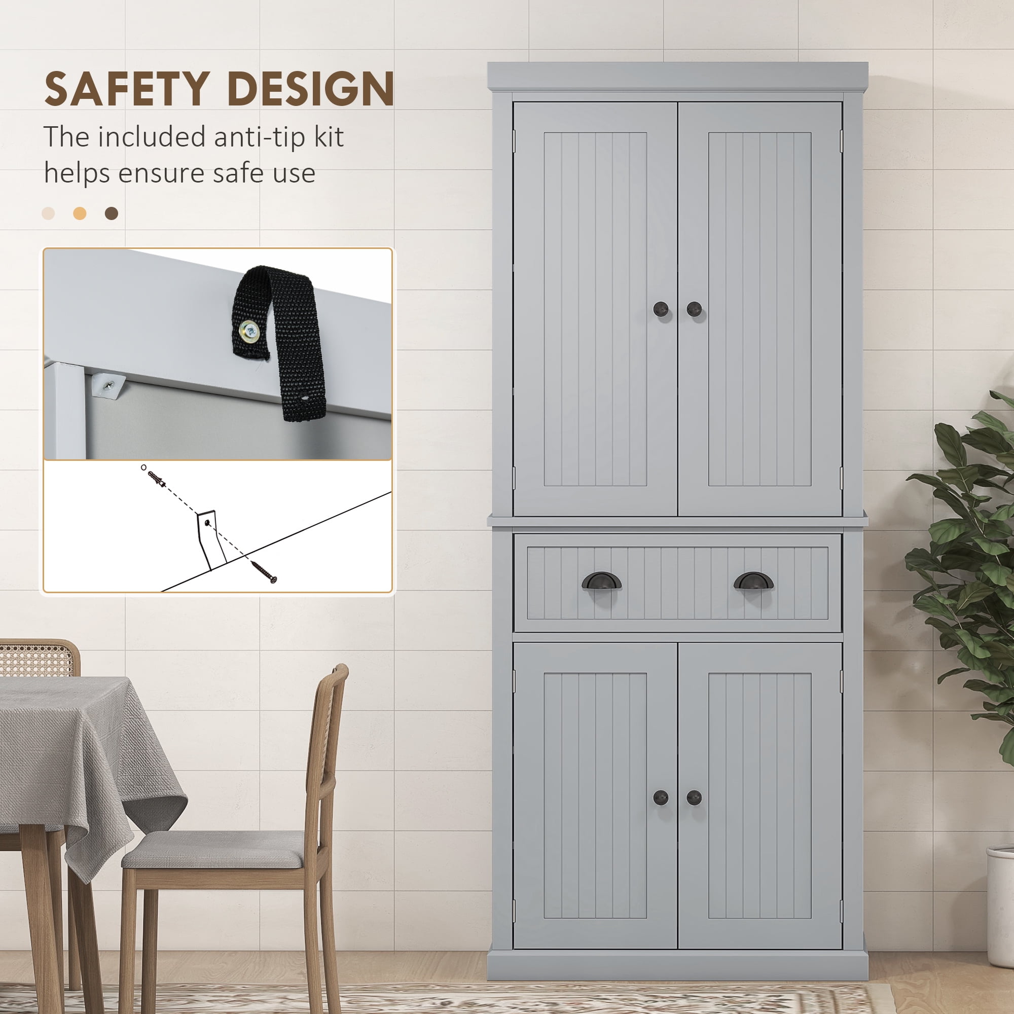 HOMCOM 72" Traditional Kitchen Pantry Cabinet, Freestanding Tall Storage Cabinet with 4 Doors, Drawer and 3 Adjustable Shelves for Dining Room, Gray