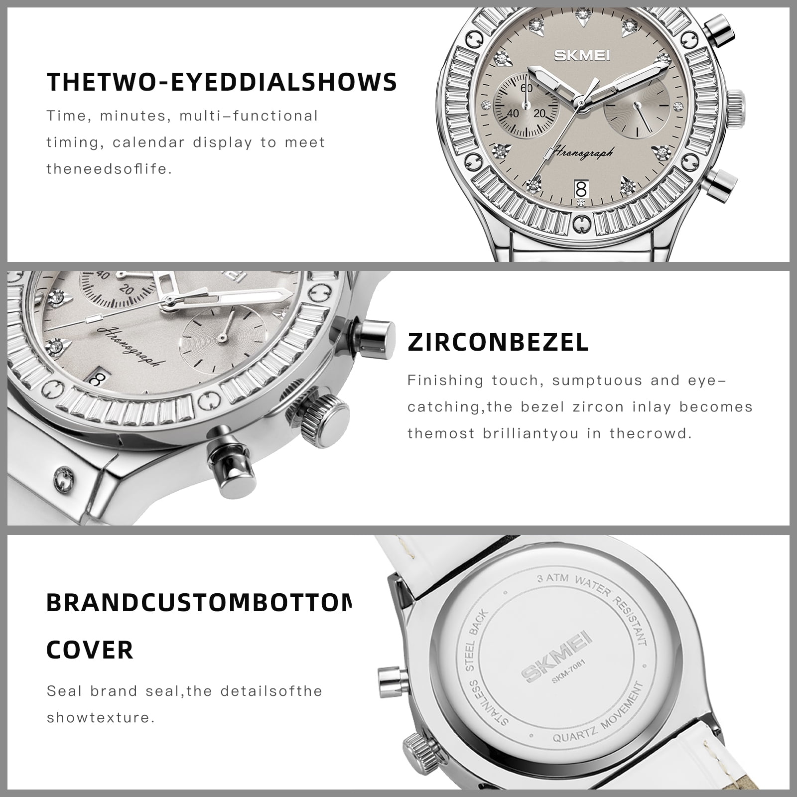 SKMEI Watch for Women Multifunctional Chronograph Watches Fashion Business Analog Quartz Stainless Steel Waterproof Luminous Ladies Wristwatch