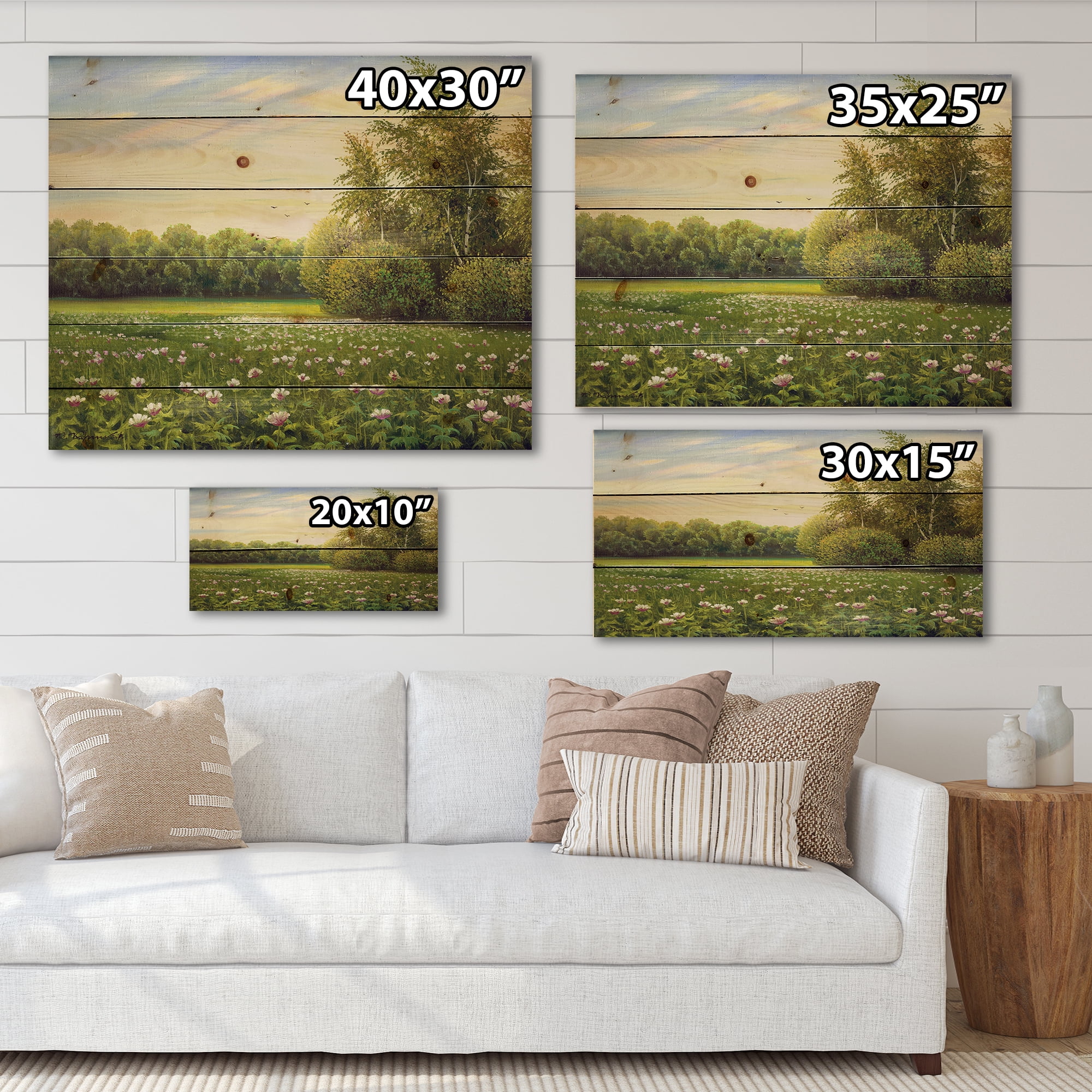 Designart 'Spring Trees By The Flowers and Meadows' Country Print on Natural Pine Wood