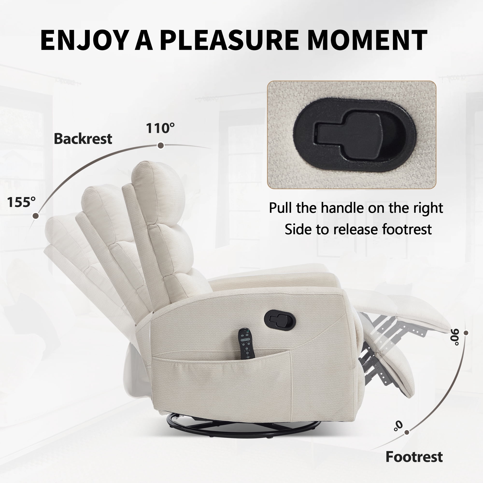 Leumius Manual Recliner Chair with Massage and Heat for Adult,360° Swivel Rocker Chair with Ergonomic High Backrest,Glider Recliner Nursery Chair with Side Pockets for Living Room,Beige Chenille