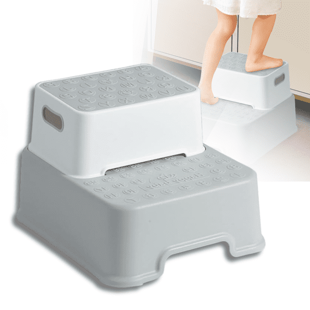 Banco Escalera Infantil Antideslizante de 2 Escalones Desmontables, Marthing Seguro y Resistente hasta 90 kg, 2 Niveles Compacto y Portátil Niños y Niñas en Lavabo, Cocina o Baño, Color Gris