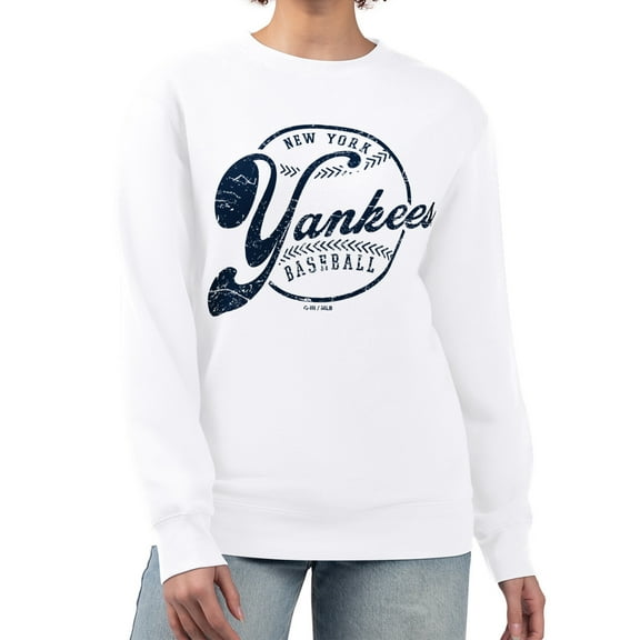 Women's G-III 4Her by Carl Banks White New York Yankees Distressed Baseball Team Fleece Pullover Sweatshirt