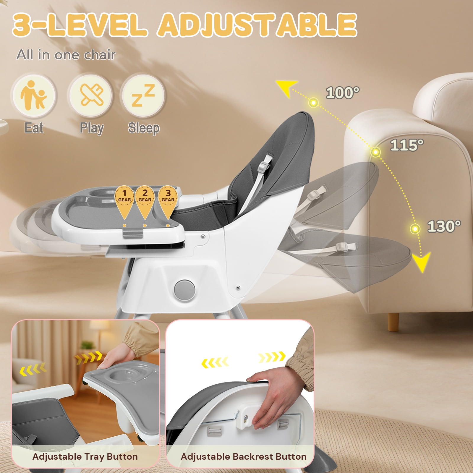 Ktaxon Baby High Chair, Convertible 6 in 1 High Chairs for Babies and Toddlers, Foldable Baby Highchair with 5-Point Safety Harness, Adjustable Dining Tray, Backrest & Height, Gray