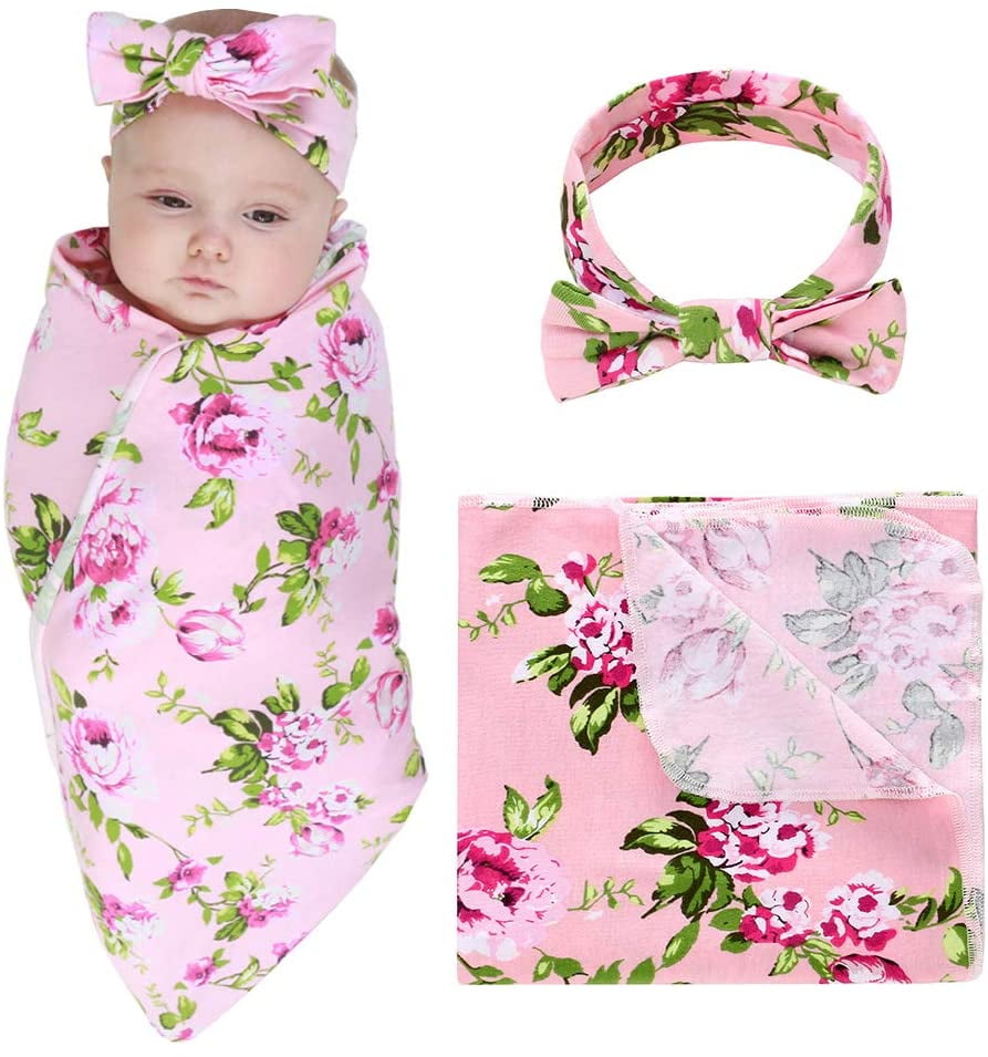 Foral Swaddle Blanket Set with Headband Infant Shower Blankets Newborn Baby Receiving Blanket and Hairband Set 