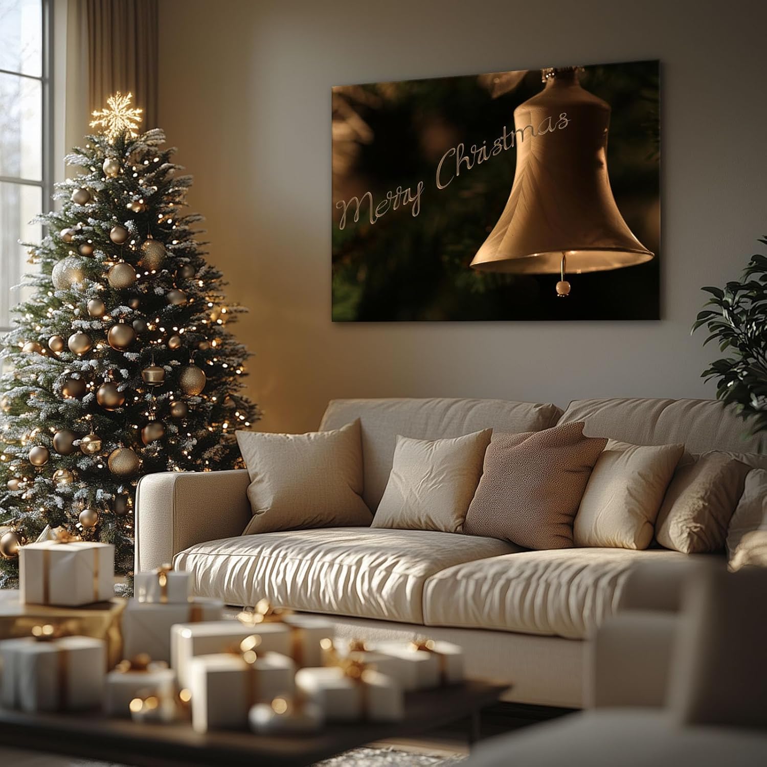 Christmas canvas wall art decor, Festive Merry Christmas Canvas Print, Elegant Holiday Decor for Living Room, Christmas Decorations with Warm Lighting, Ready to Hang Holiday Wall Décor 24X30inch
