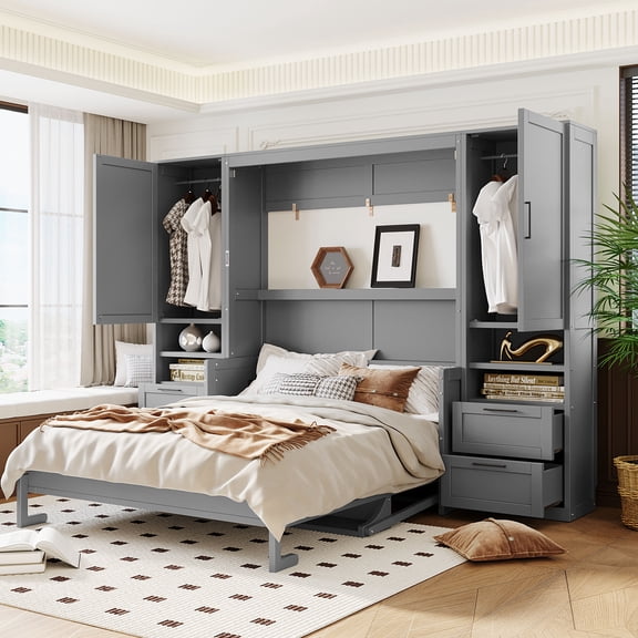 Mintazer Queen Size Murphy Bed with Side Wardrobes & 4 Drawers, Foldable Wall Cabinet Bed with Large Storage & Console Table for Guest Room Home Office Bedroom, Grey