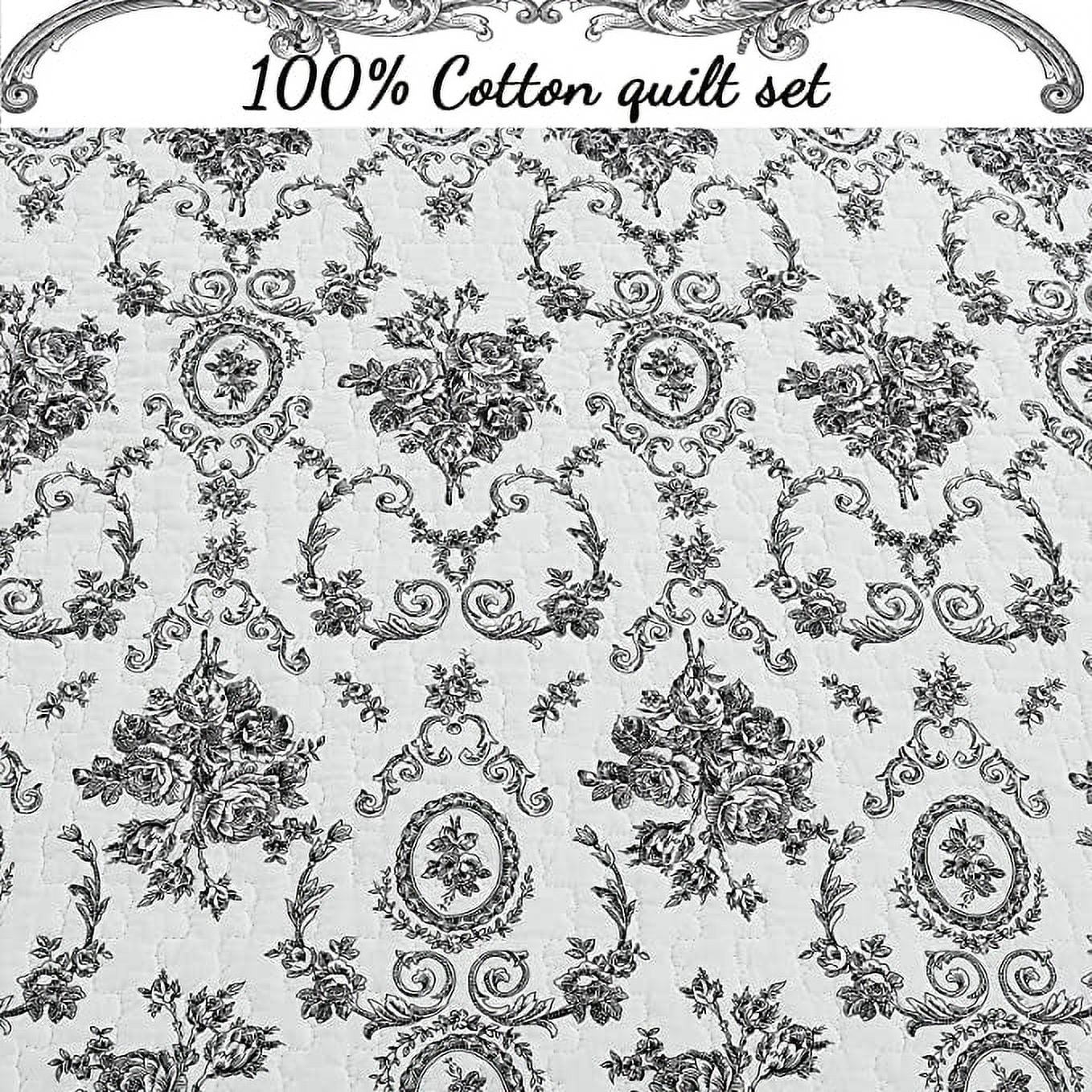 Cozy Line French Medallion Toile Black Reversible 100% Cotton 3-Piece Quilt Set, Queen Set