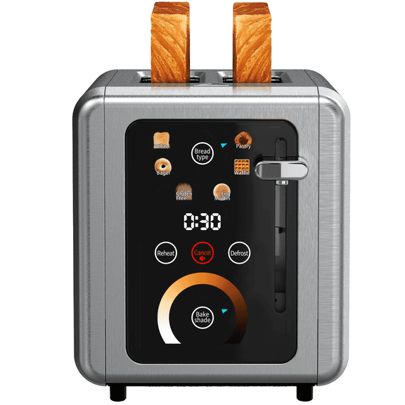 WHALL 2 Slice Toaster, Touchscreen Toasters with Stainless Steel, Wide Slots, Bagel, Defrost, 850W