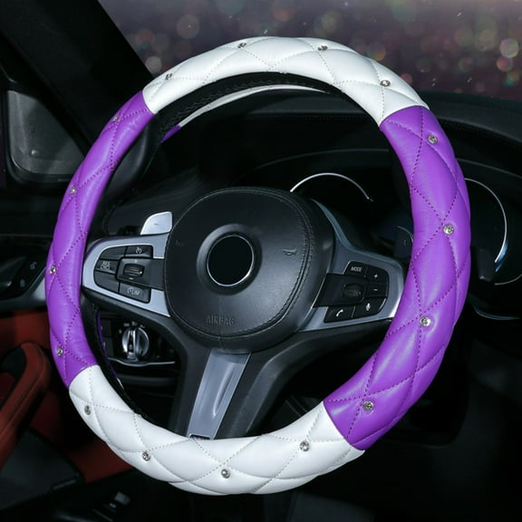 Cute Diamond Soft Leather Anti-Slip Steering Wheel Cover with Bling Bling Crystal Rhinestones, Universal 15 Inch for Women Girls, Fit Vehicles, Sedans, SUVs, Vans, Trucks - White and Purple