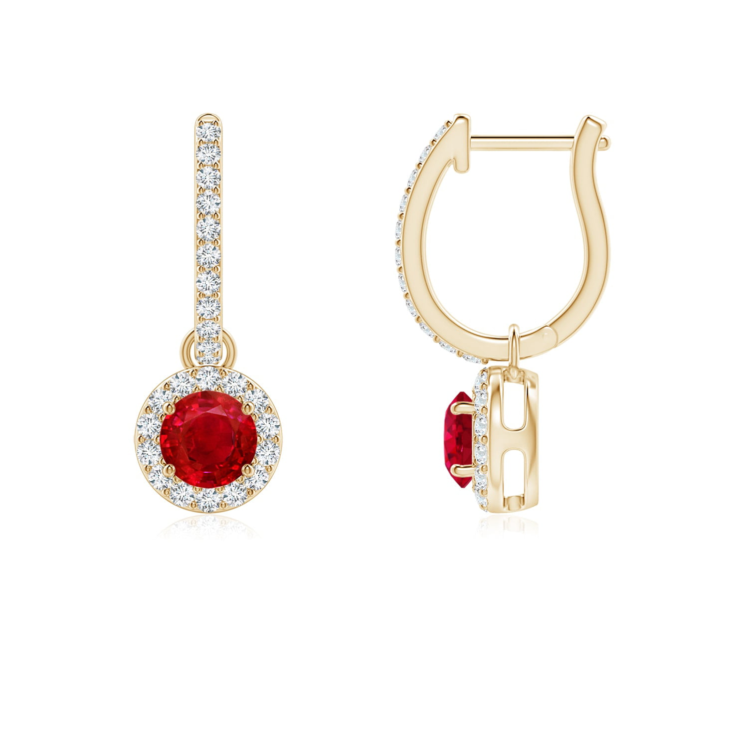 0.68 Carat Round Ruby Dangle Earrings with Diamond Halo For Women in 14K  Yellow Gold (4mm Ruby)