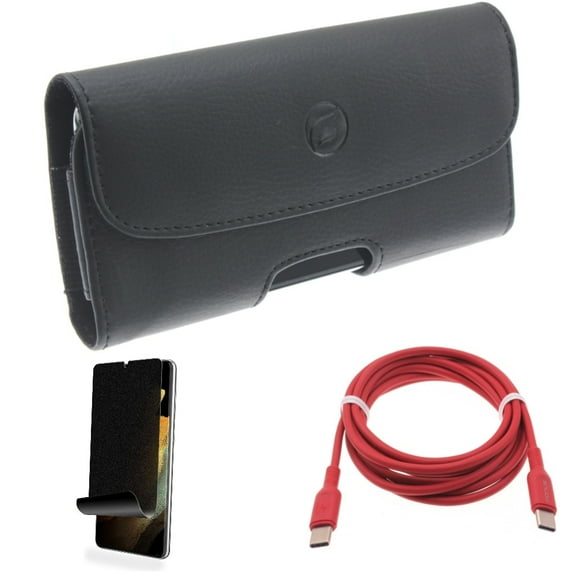 Case Belt Clip & Red 6ft Long Cable & Privacy Screen Protector for Samsung Galaxy S22 Plus (S22 ) - Combo Leather Holster Cover & USB-C to Type-C PD Fast Charger Cord & TPU Film (Fingerprint)