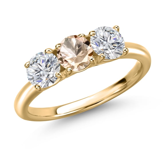 Gem Stone King 10K Yellow Gold Peach Morganite and Lab Grown Diamond Engagement Ring for Women | 1.40 Cttw | Round 5MM | Gemstone October Birthstone | Size 5