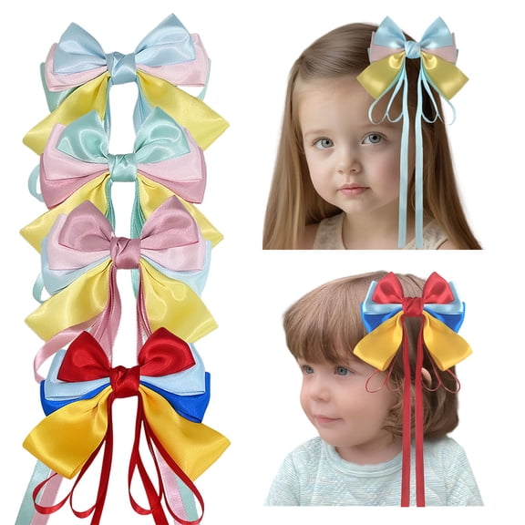 JoyBowie 4 pack 12 inch fairy hair bows, multi layer satin ribbon long tassel hair accessories for girls toddlers