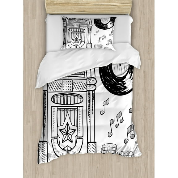 Jukebox Duvet Cover Set Twin Size, Doodle Style Retro Music Box Notes Coins Long Play Vintage Sketchy Artwork, Decorative 2 Piece Bedding Set with 1 Pillow Sham, Black and White, by Ambesonne