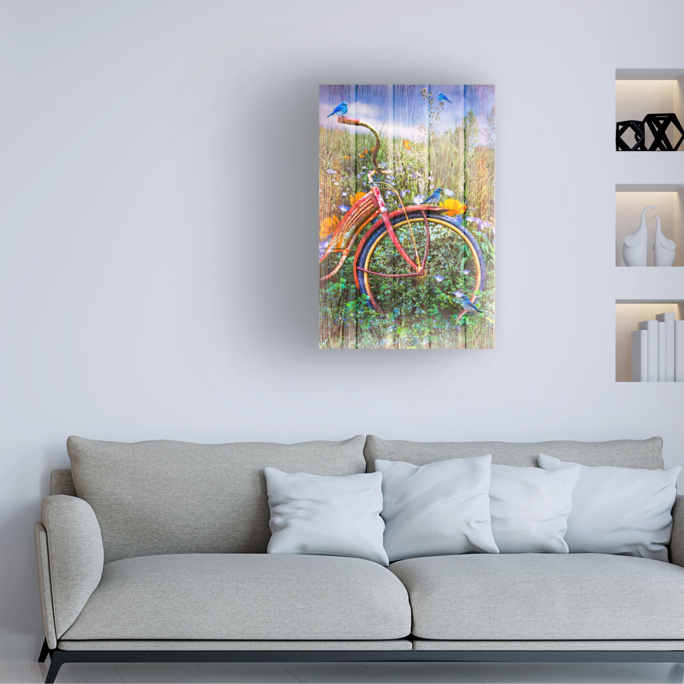 Canvas Wall Art - Celebrate Life Gallery 'Bluebirds on a Bicycle' Wall Art for Living Room, Bedroom, or Office Décor by Trademark Fine Art - 30 x 47 Inches